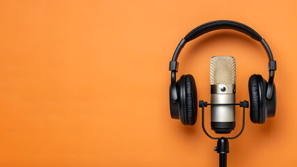 Headphones and microphone on orange background