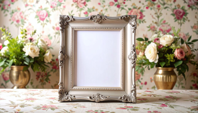 Empty Silver Ornate Frame On Floral Wallpaper