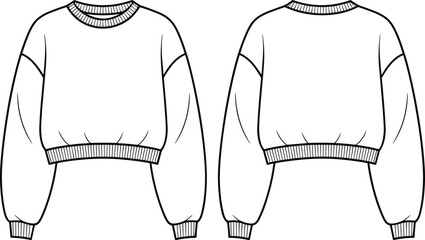 Blank cropped sweatshirt template for fashion illustration and technical drawing, a stylish mockup for oversized, casual, and street-style apparel.