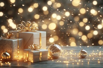 Christmas background with glowing lights, wrapped gift boxes and sparkling holiday ornaments, 3D render