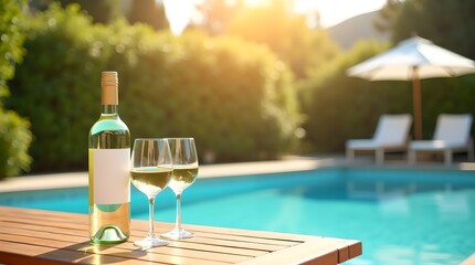 Refreshing white wine by the pool, summer relaxation, luxury lifestyle, sunny day, poolside vacation, wine glasses, idyllic scenery, outdoor leisure