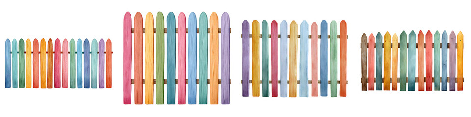 Watercolor Rainbow Fence Set. Colorful Wooden Fences. Garden Decoration. Illustration on White.