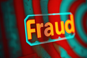 Pixel message icon, “fraud active” on screen. Technology, security and warning concept.