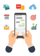 Hand holding phone with app for messenger chat. Vector illustration. Stock Illustration