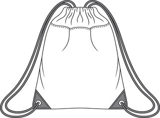 Blank white drawstring backpack template for fashion illustration and technical drawing, a versatile accessory for sports, travel, and casual use, ready for customization