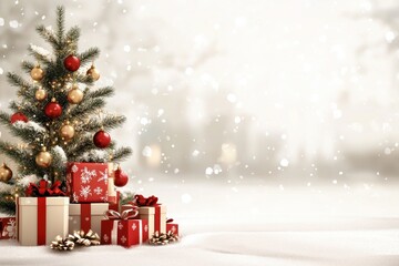 Christmas and New Year banner with festive tree, gift pile, and snow particles, greeting style