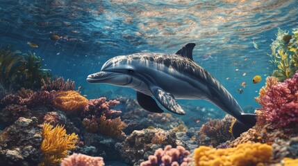 Dolphin swimming in vibrant coral reef, sunlight streams through water.