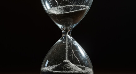 Time's Gentle Passage: An hourglass, with its elegant curves, reveals the subtle flow of time through the descent of grains, against a stark, dark backdrop.