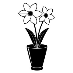 Two daffodil flowers in a pot silhouette