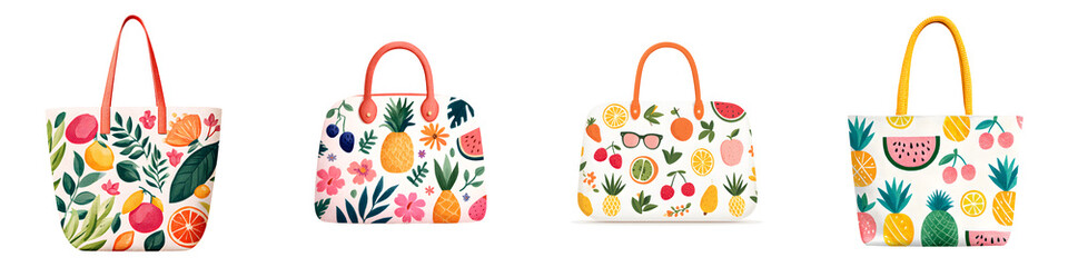 Four Colorful Tote Bags with Tropical Fruit Patterns, Isolated on White