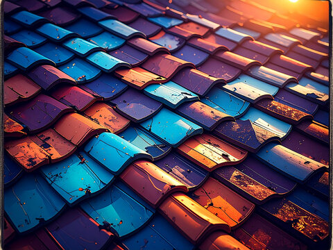 A close-up of a rustic rooftop featuring a vibrant array of terracotta tiles in various shades of red, orange, blue, and purple, some appearing aged and textured. The warm glow of a sunset illuminates