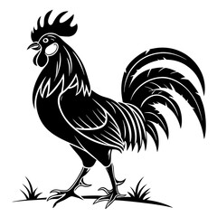 Stylized black rooster silhouette standing proudly on grass
