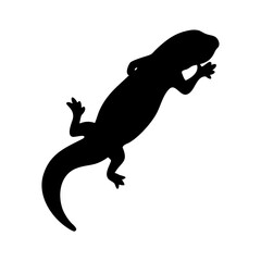 Black silhouette of a lizard with its mouth open on a white background