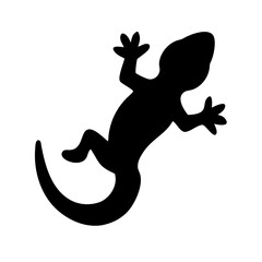 Black silhouette of a gecko lizard crawling on a white background