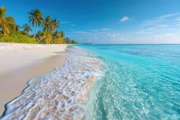 Fototapeta premium Tropical beach scene with palm trees white sand and clear turquoise water