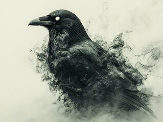 Conceptual portrait of a crow composed of swirling black smoke