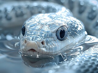 A surreal snake made of liquid mercury with a distorted reflective appearance