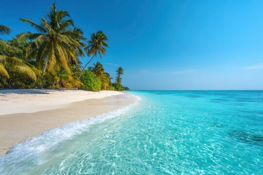Tropical beach turquoise water white sand palm trees under a clear blue sky
