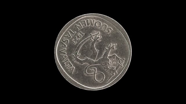 Finland 1973 one markka coin obverse with coat of arms rotating on black background