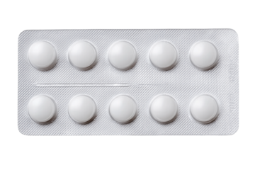 White pill blister pack with ten round tablets on a clean background.