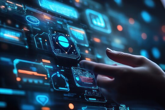 Businessperson interacting with floating AI chatbot avatar on holographic screen