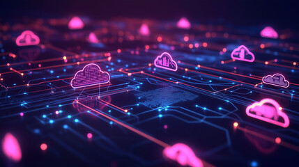 Abstract cloud computing with glowing connections and icons, symbolizing modern digital innovation and seamless data flow.
﻿