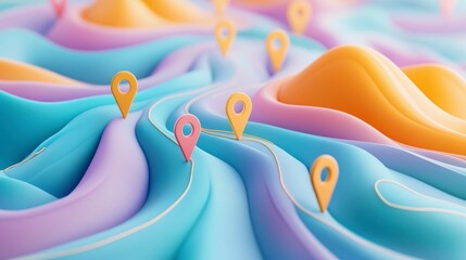 Abstract colorful map with location pins, illustrating route planning or navigation concept.