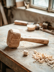 Wooden mallet on a workbench in a woodworking shop.