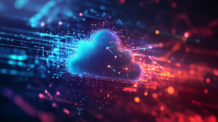 Abstract cloud computing with glowing connections and icons, symbolizing modern digital innovation and seamless data flow.
﻿