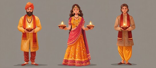 Illustration Set of Happy Diwali Greetings. Indian People in Traditional Clothing Holding Lit Oil Lamps or Diya Celebrating Diwali Festival of Lights. High quality
