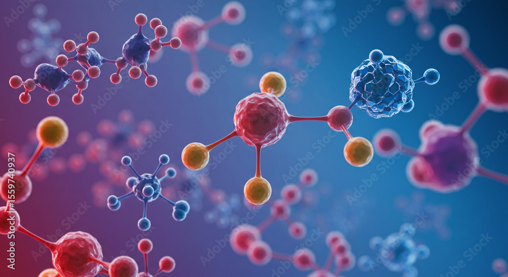 Poster molecular structure rendering with connected spheres and rods in blue and red gradient background vi