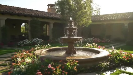 Garden fountain villa, elegant courtyard garden with traditional water fountain and blooming flowers ideal for estate property visuals and peaceful heritage scenes