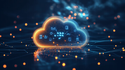 Abstract cloud computing with glowing connections and icons, symbolizing modern digital innovation and seamless data flow.
﻿