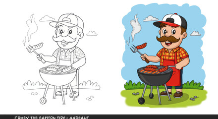 Cartoon man at grill flips a sausage with a fork against sky  grassy lawn backdrop