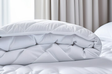 White blanket bedding duvet rolled cozy bedroom interior