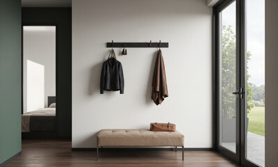 A sleek wall-mounted coat rack in matte black metal, with minimalist hooks and a mocha mousse-colored bench underneath, placed in a modern entryway