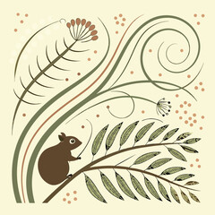 Stylized illustration of a squirrel on a branch with floral elements and dot accents design