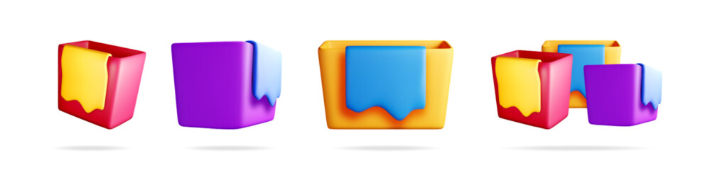 3D set of wash water basin with cloth isolated on white. Render collection of square cleaning bucket with duster icon