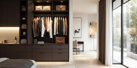 Voice-activated Mocha Musse wardrobe that opens and organizes based on personal preferences, with integrated AI-powered suggestions for outfits based