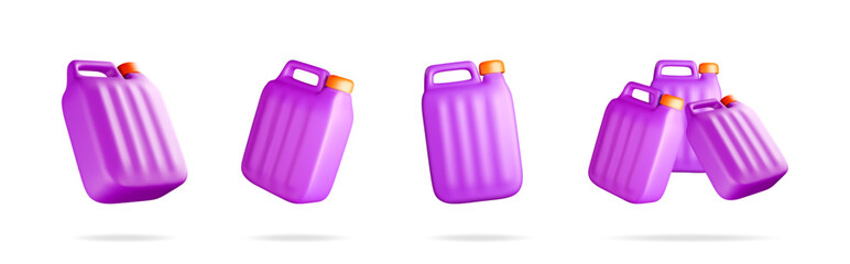 Collection of 3d purple plastic canisters with orange caps. Chemical liquid container for industry or home cleaning illustration.