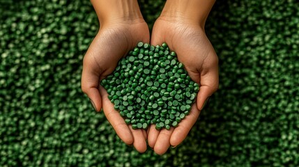 Hands holding a handful of green plastic pellets against a background of more pellets.