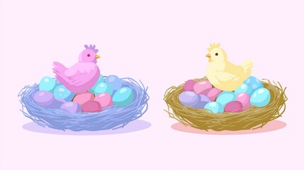 Adorable Pastel Chicks and Easter Eggs in Cozy Nests Springtime Illustration