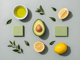 Natural skincare ingredients avocado lemon soap and green leaves on gray background ai generated