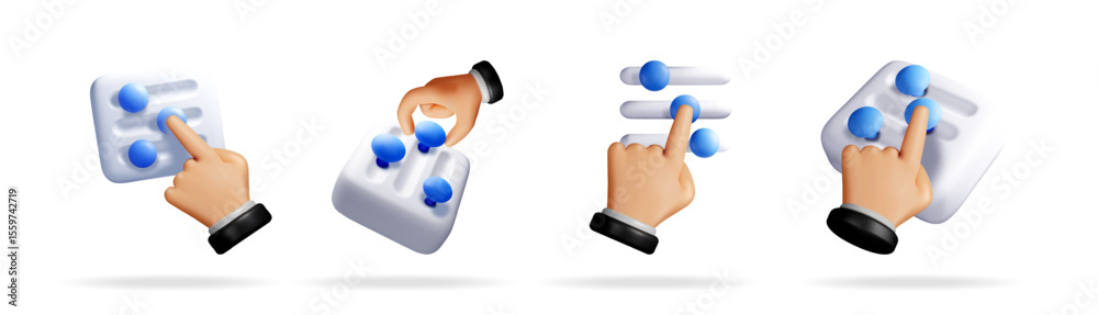 Poster group of 3d hands interacting with design elements. set of graphic interface and content management 