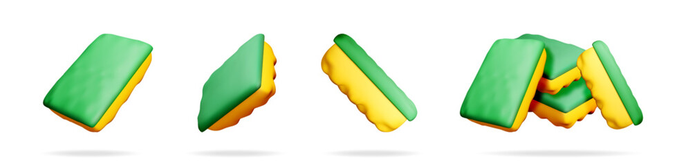 3D set of sponge for washing dishes isolated on white. Render collection of sponge icon. House cleaning equipment.