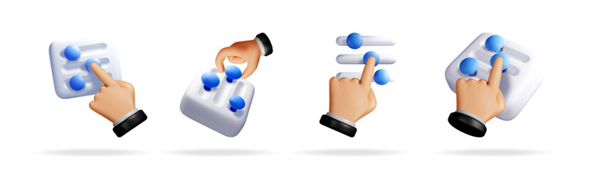 Group of 3d hands interacting with design elements. Set of graphic interface and content management icon. Web development and uiux concept.