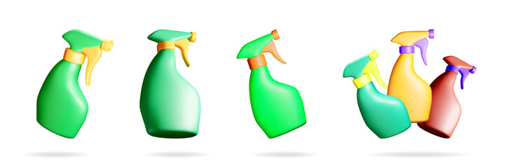 Cleaning spray bottles for home cleanup. Set of household chemical products with trigger dispenser. Cartoon 3d vector illustration.