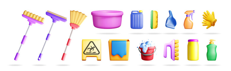 Cleaning equipment and tools for household chores and hygiene. 3d realistic vector illustration set for house care.