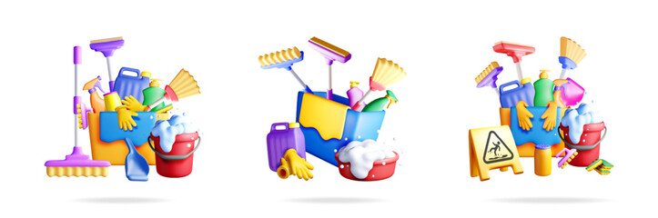 Three 3d stock vector illustrations featuring cleaning tools. Set of colorful household supplies for spring clean concept.