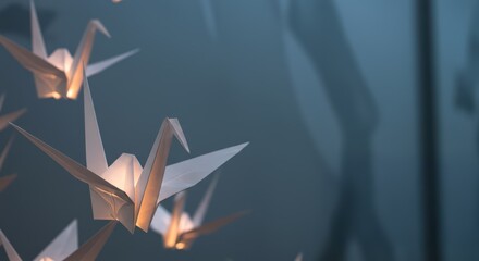 A string of origami paper cranes against a blurred blue and gray background. A memorial for peace and remembrance of victims of the war in Hiroshima on August 6th. Peace Memorial Day.	